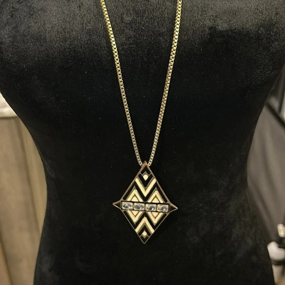Geometric & Faux Diamond Beads Black & Gold Statement Pendent Long Necklace - Picture 2 of 5